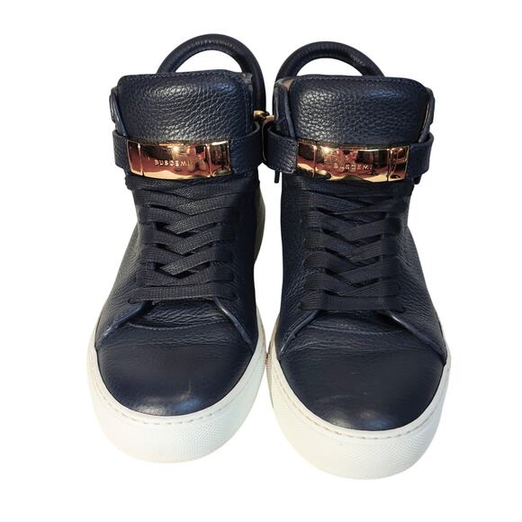 Buscemi 100m Leather Navy Blue/ White High Top Sneakers Gold Lock/Clasp. Size 10 - Picture 1 of 6